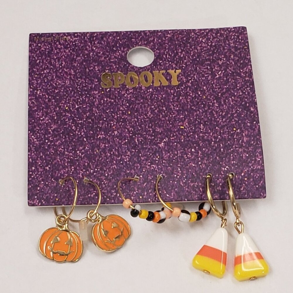 Spooky, NWT, nickel free, 3 prs gold tone hoop dangle Halloween fashion earrings